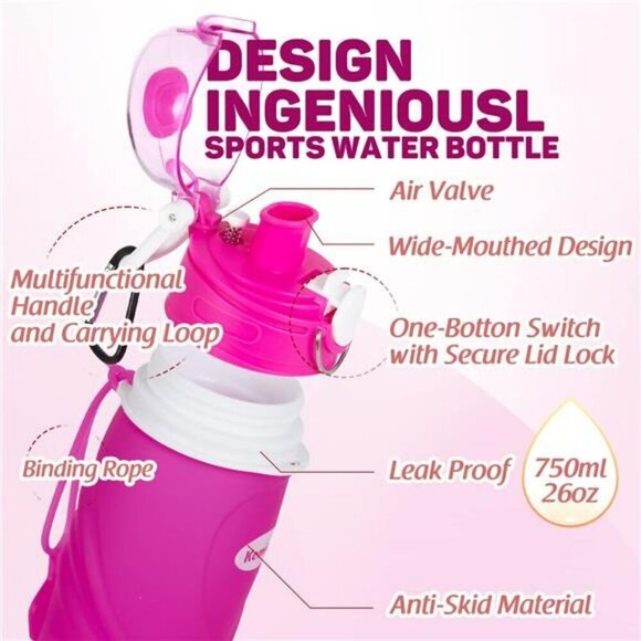 Collapsible Silicone Water Bottles-750ML Medical Grade BPA Free Travel Water Bot - Picture 4 of 7